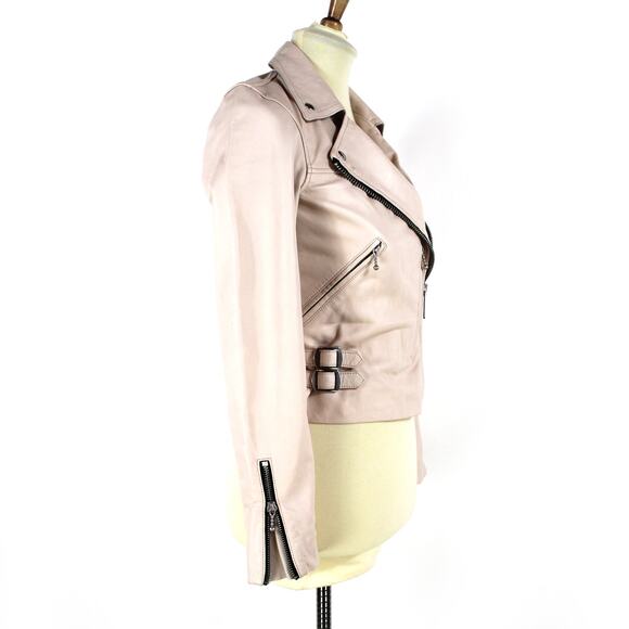 Allsaints Prescott Pink Smooth Lamb Leather Biker Jacket 4 Zip Cropped Moto 0 - Picture 3 of 8